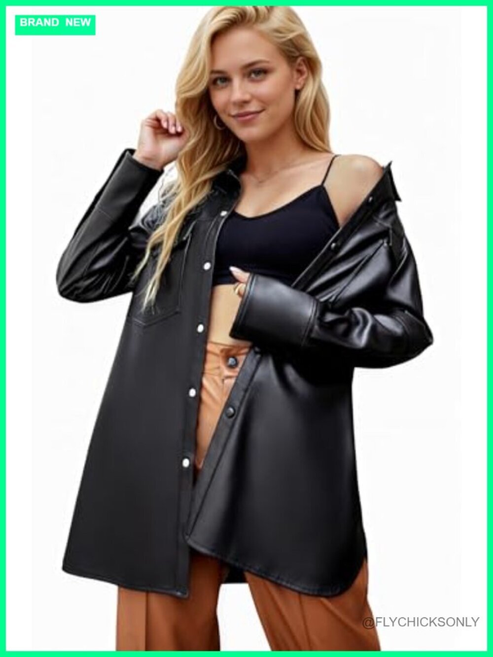 Women Faux Leather Shacket Jacket Button Down Long Sleeve with Pockets